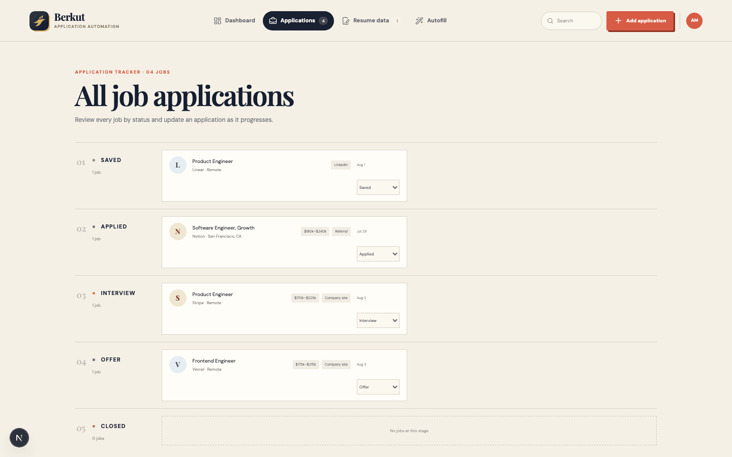 Berkut application tracker with jobs organized by saved, applied, interview, offer, and closed status.