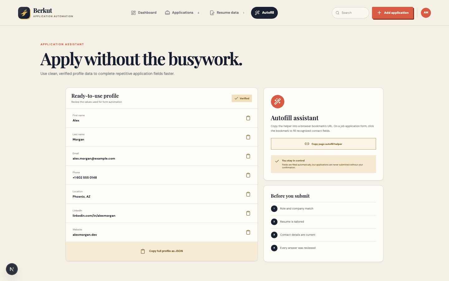 Berkut autofill assistant with verified application profile fields and a send checklist.
