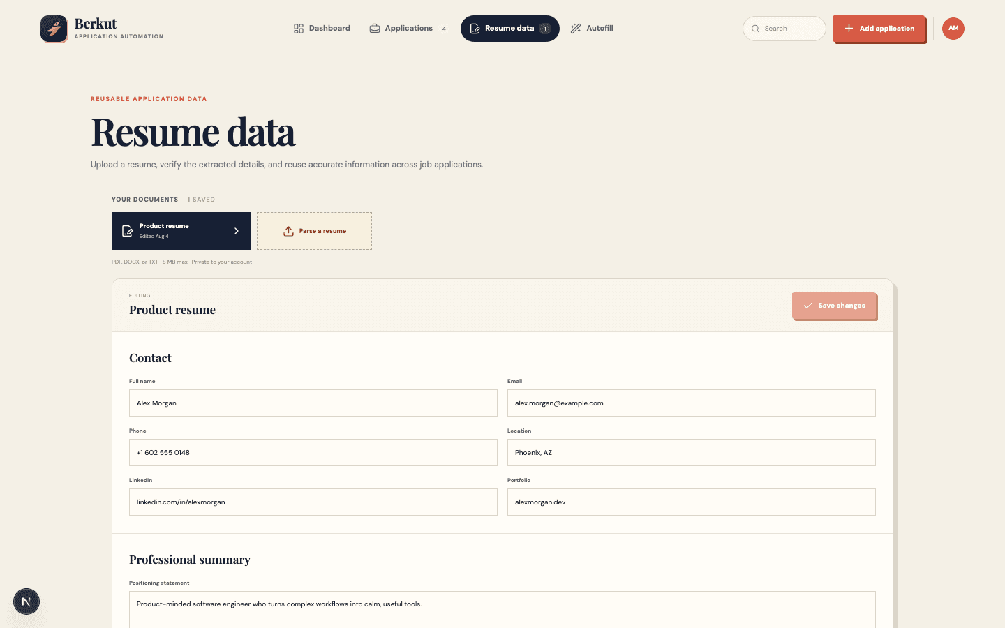 Berkut reusable resume data with document tabs and editable contact details, professional summary, and skills.