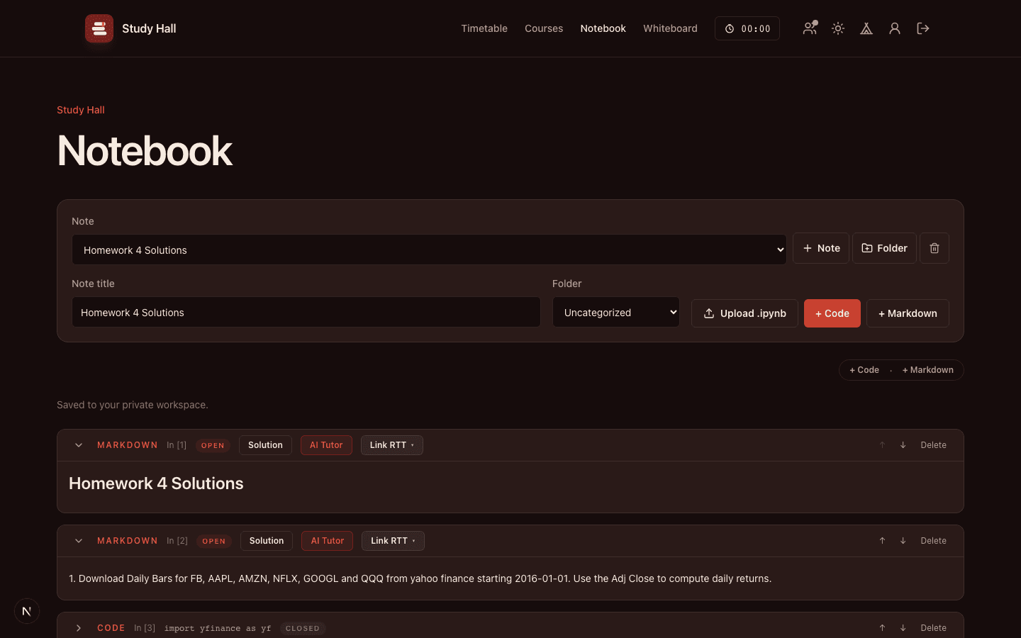 Study Hall notebook with markdown and code cells for a quantitative homework solution.