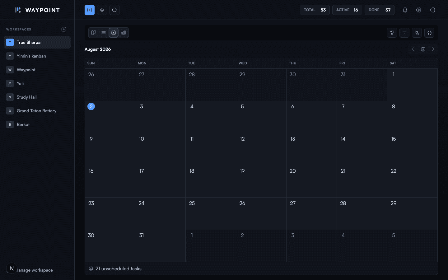 Waypoint monthly calendar with scheduled and unscheduled task planning.