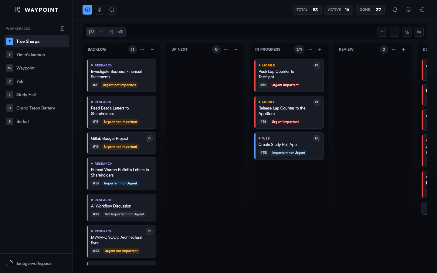 Waypoint workspace showing prioritized tasks across a multi-column kanban board.